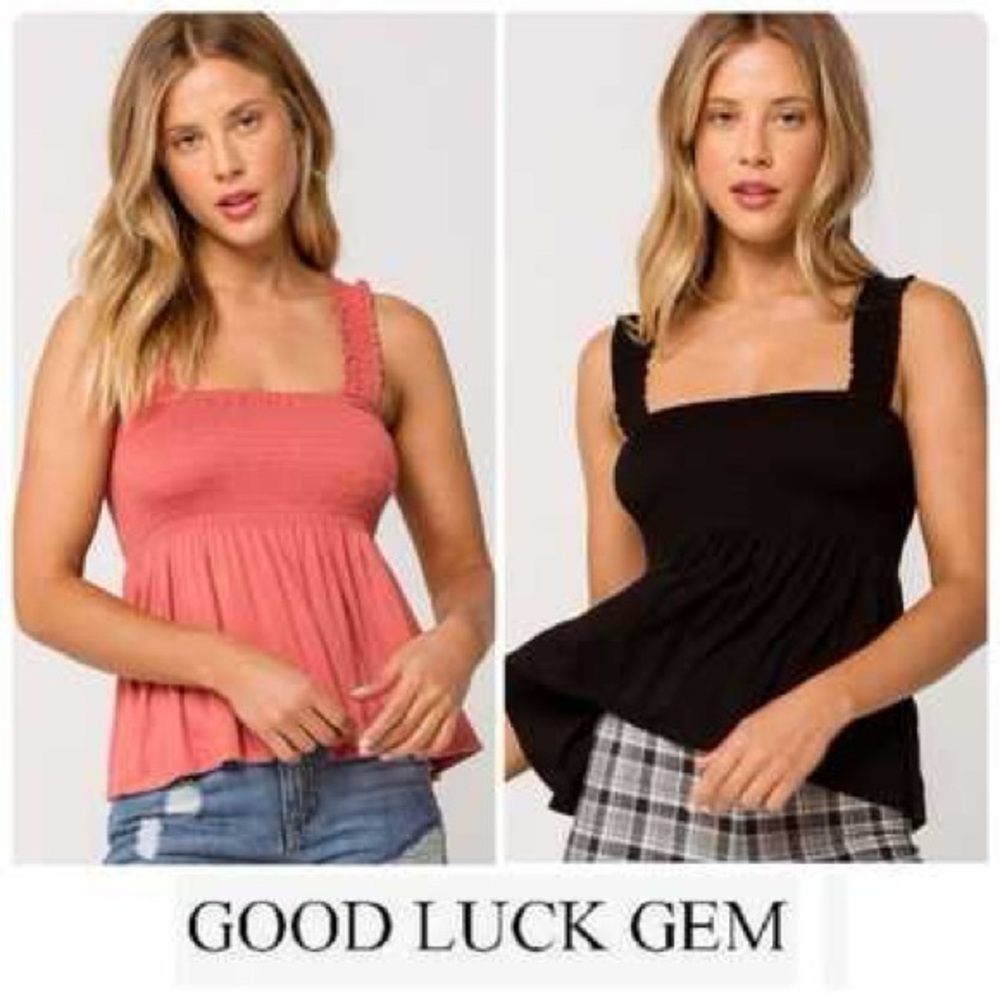 Good Luck Gem Coral and Black Smocked Tank Tops